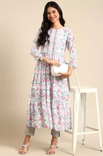 women's calf length round neck white floral anarkali kurta