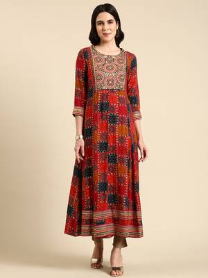 women's ankle length scoop neck multi bandhani anarkali kurta 1