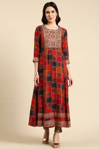 women's ankle length scoop neck multi bandhani anarkali kurta