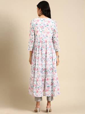 women's calf length round neck white floral anarkali kurta 5