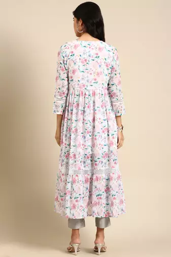 women's calf length round neck white floral anarkali kurta