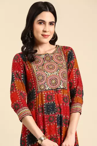 women's ankle length scoop neck multi bandhani anarkali kurta