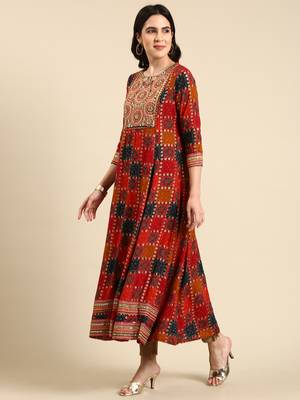 women's ankle length scoop neck multi bandhani anarkali kurta 5