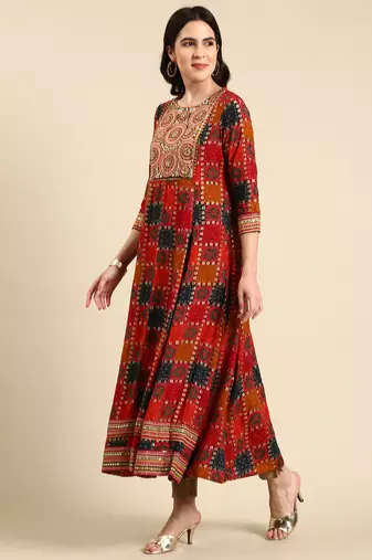 women's ankle length scoop neck multi bandhani anarkali kurta