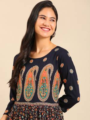 women's ankle length round neck navy blue ethnic motifs anarkali kurta 1