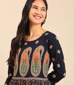 women's ankle length round neck navy blue ethnic motifs anarkali kurta