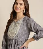 women's ankle length round neck grey floral anarkali kurta