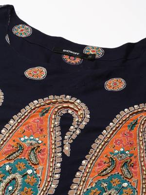 women's ankle length round neck navy blue ethnic motifs anarkali kurta 2