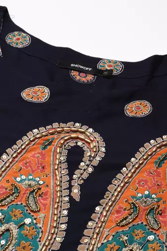 women's ankle length round neck navy blue ethnic motifs anarkali kurta