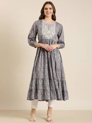 women's ankle length round neck grey floral anarkali kurta 2