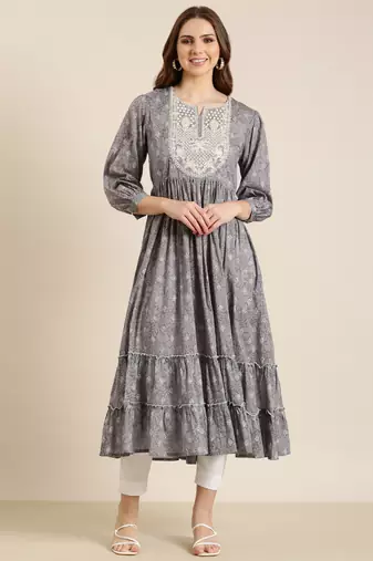 women's ankle length round neck grey floral anarkali kurta