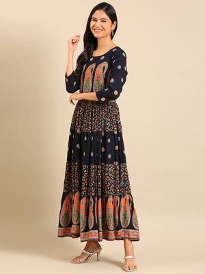 women's ankle length round neck navy blue ethnic motifs anarkali kurta 3