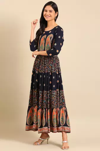 women's ankle length round neck navy blue ethnic motifs anarkali kurta