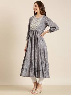 women's ankle length round neck grey floral anarkali kurta 3
