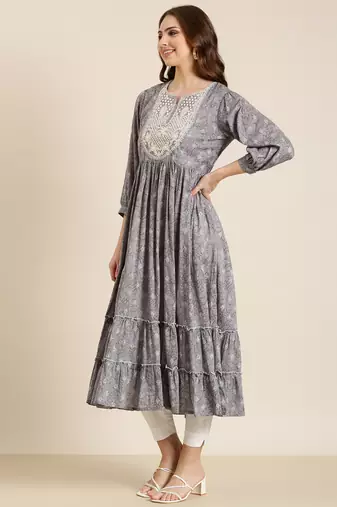 women's ankle length round neck grey floral anarkali kurta
