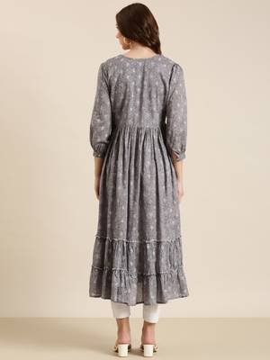 women's ankle length round neck grey floral anarkali kurta 4