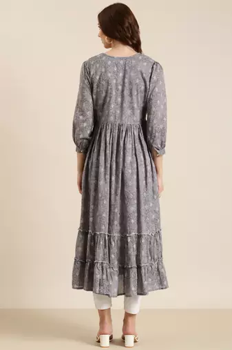 women's ankle length round neck grey floral anarkali kurta