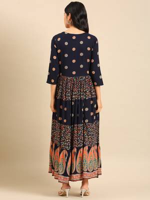 women's ankle length round neck navy blue ethnic motifs anarkali kurta 4