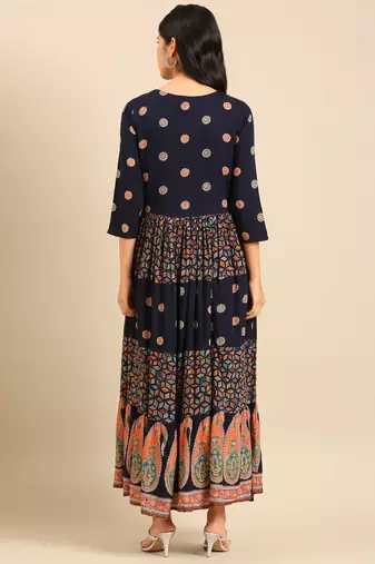 women's ankle length round neck navy blue ethnic motifs anarkali kurta