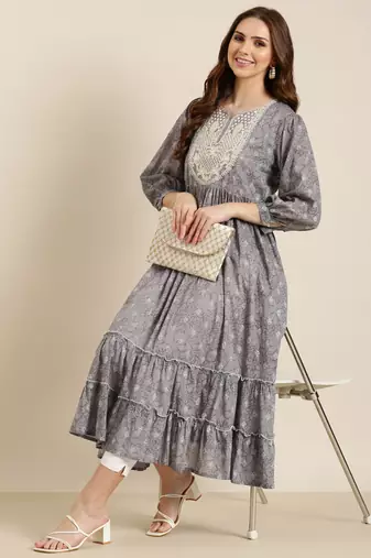 women's ankle length round neck grey floral anarkali kurta