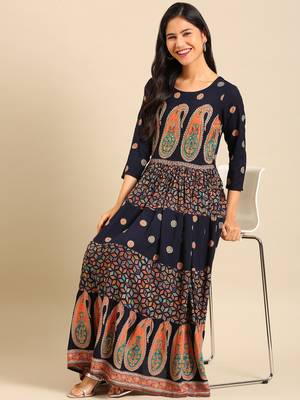 women's ankle length round neck navy blue ethnic motifs anarkali kurta 5