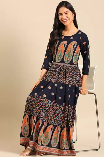 women's ankle length round neck navy blue ethnic motifs anarkali kurta