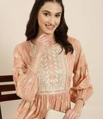 women's ankle length round neck peach floral anarkali kurta