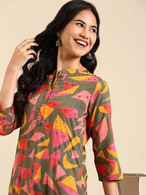 women's calf length mandarin collar multi geometric straight kurta 1
