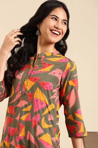 women's calf length mandarin collar multi geometric straight kurta