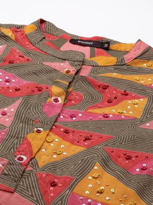 women's calf length mandarin collar multi geometric straight kurta 2