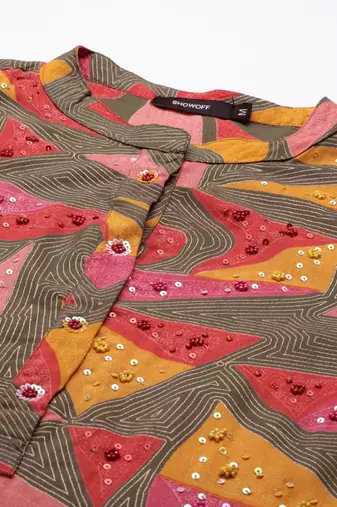 women's calf length mandarin collar multi geometric straight kurta