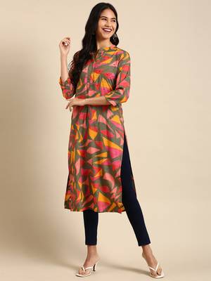 women's calf length mandarin collar multi geometric straight kurta 3