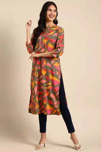 women's calf length mandarin collar multi geometric straight kurta