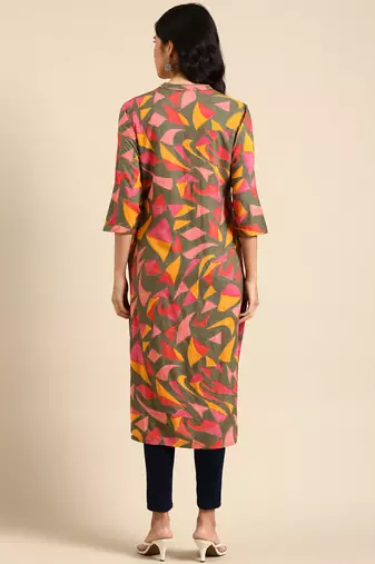 women's calf length mandarin collar multi geometric straight kurta