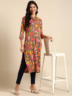 women's calf length mandarin collar multi geometric straight kurta 5
