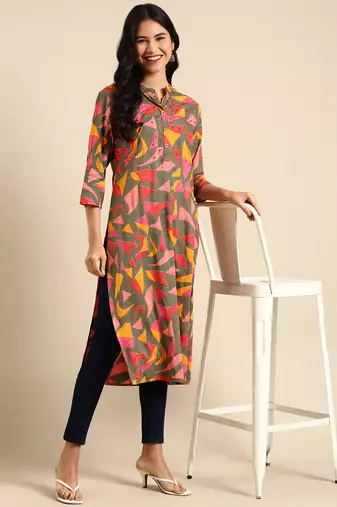 women's calf length mandarin collar multi geometric straight kurta