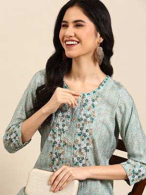 Showoff women's calf length round neck teal abstract straight kurta 1