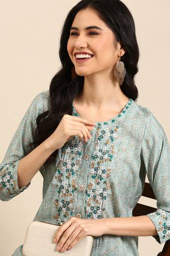 Showoff women's calf length round neck teal abstract straight kurta