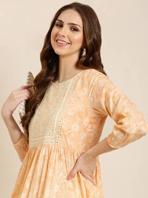 women's calf length round neck peach floral anarkali kurta 1