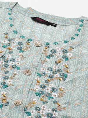 Showoff women's calf length round neck teal abstract straight kurta 2