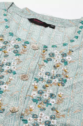 Showoff women's calf length round neck teal abstract straight kurta