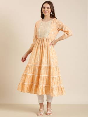 women's calf length round neck peach floral anarkali kurta 2