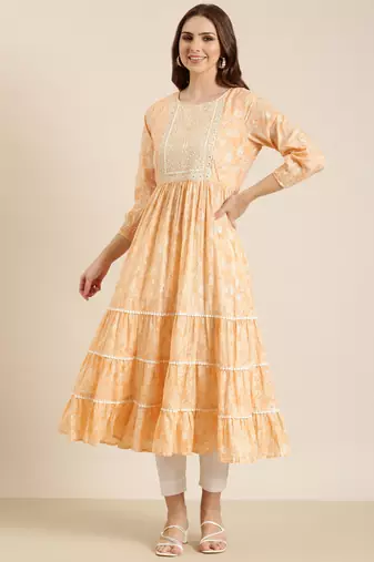 women's calf length round neck peach floral anarkali kurta