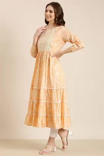 women's calf length round neck peach floral anarkali kurta