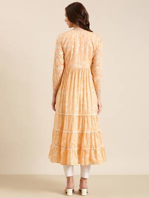 women's calf length round neck peach floral anarkali kurta 4