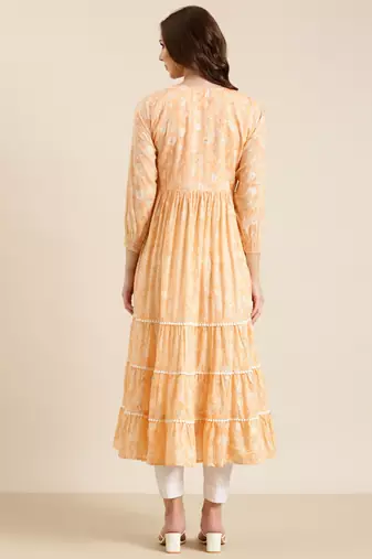 women's calf length round neck peach floral anarkali kurta