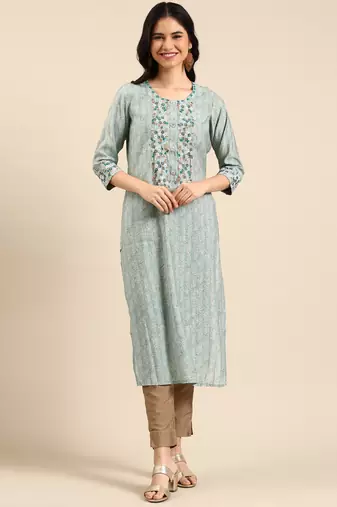 Showoff women's calf length round neck teal abstract straight kurta