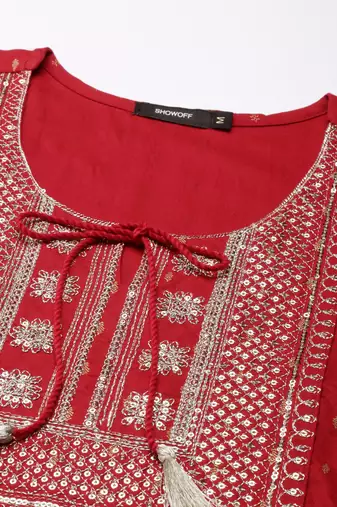 Showoff women's calf length tie-up neck red floral straight kurta