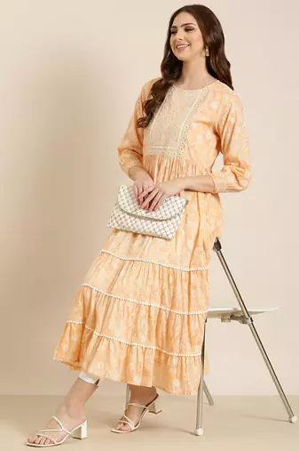 women's calf length round neck peach floral anarkali kurta