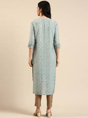 Showoff women's calf length round neck teal abstract straight kurta 5